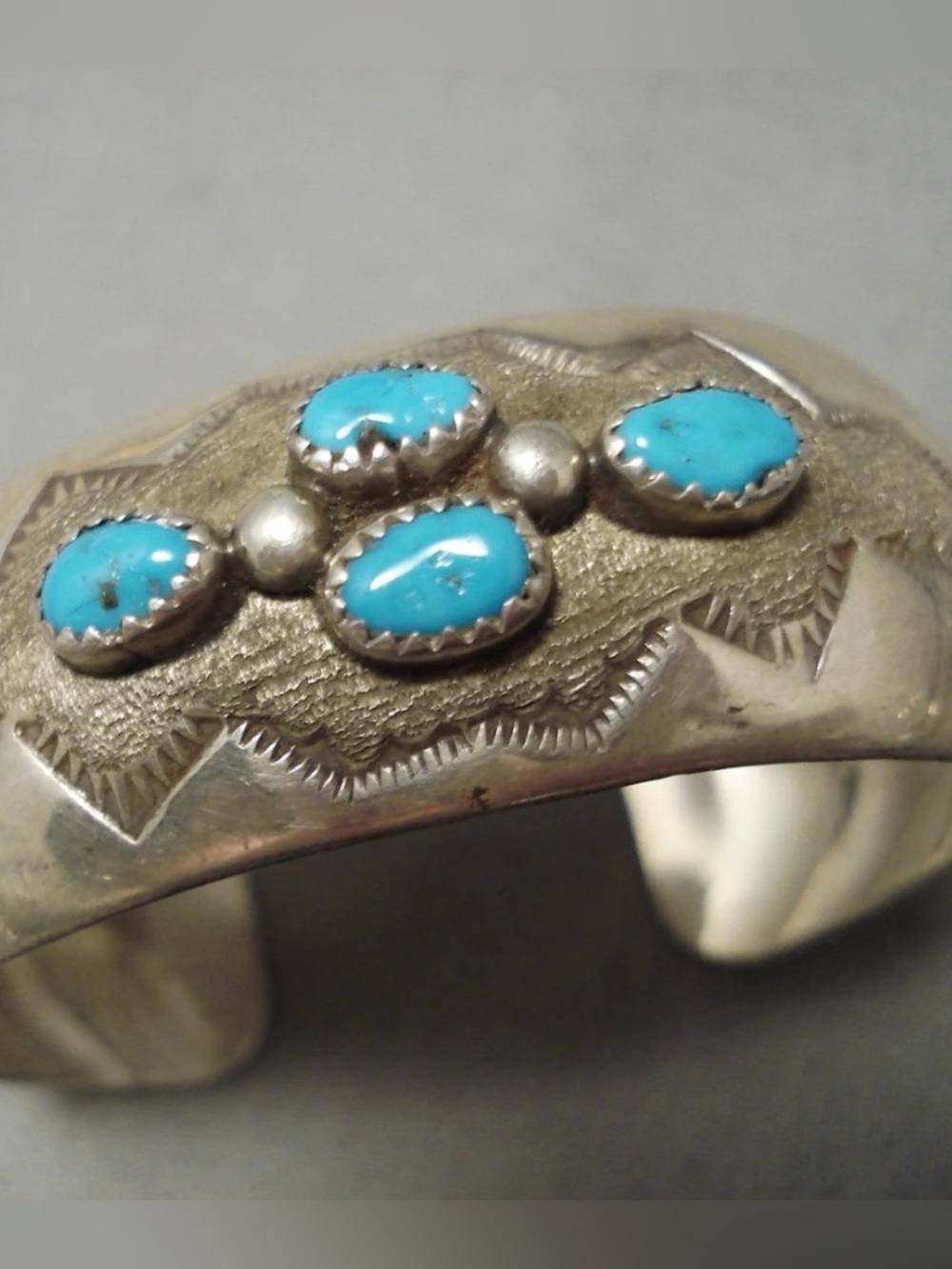 Vintage 1970’s Navajo Domed Turquoise and Sterling Sun Bracelet.